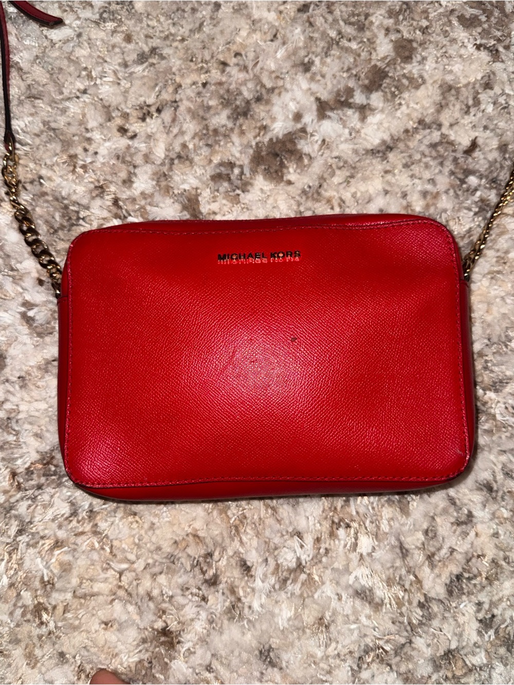 Michael Kors Red Saffiano Leather Crossbody Camera Bag with Gold Chain